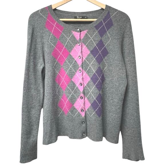 Apt 9 Gray 100% Cashmere Pink Purple Argyle Soft Cardigan Sweater Size Large - Picture 1 of 6